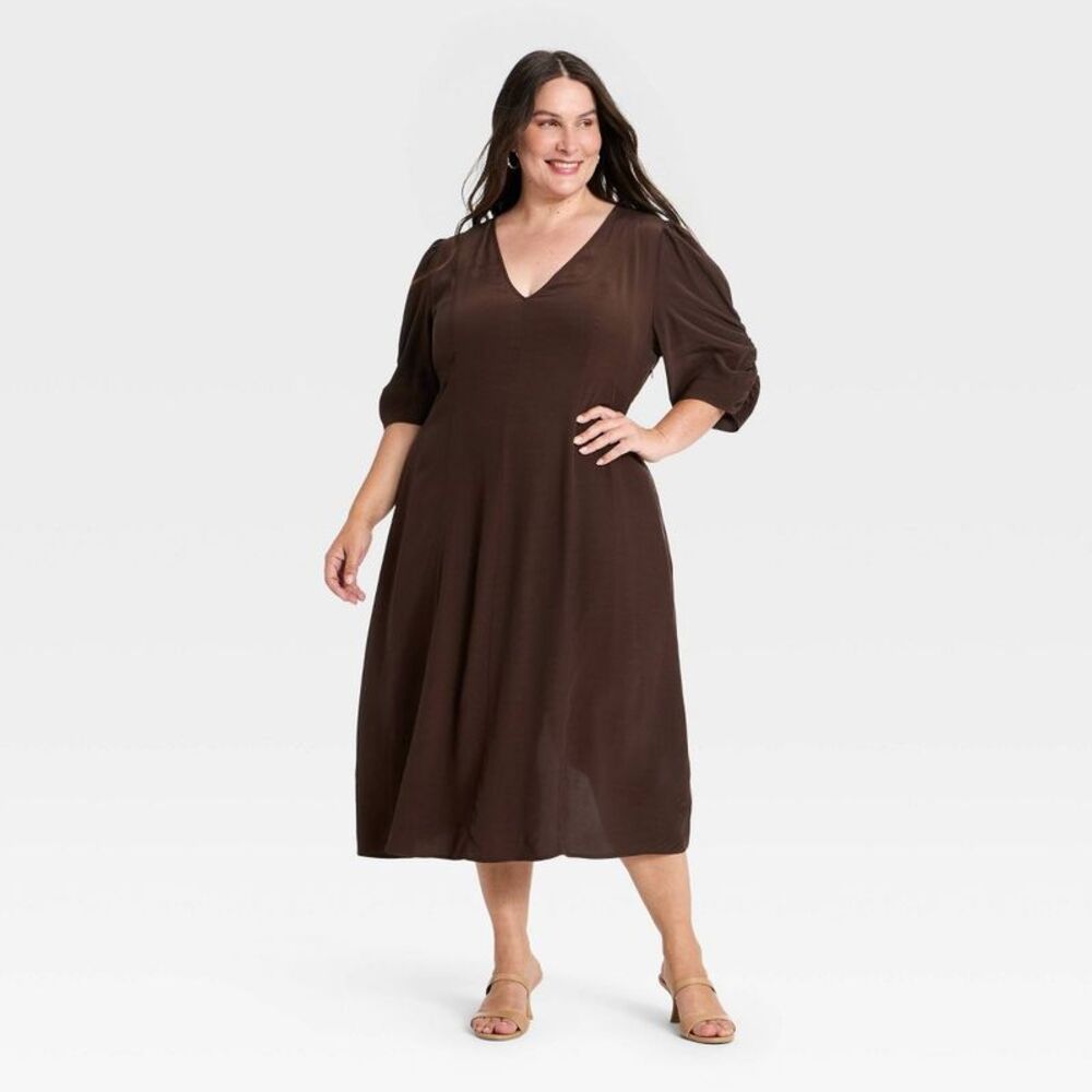 Women's Ruched 3/4 Sleeve Midi Dress - A New Day Brown XXL